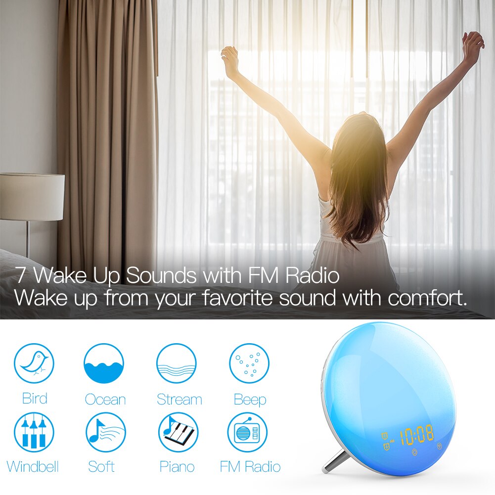 Wifi väckning smart ljus väckarklocka med 7 färger soluppgång solnedgång simulering tuya app kontroll fungerar med alexa google home