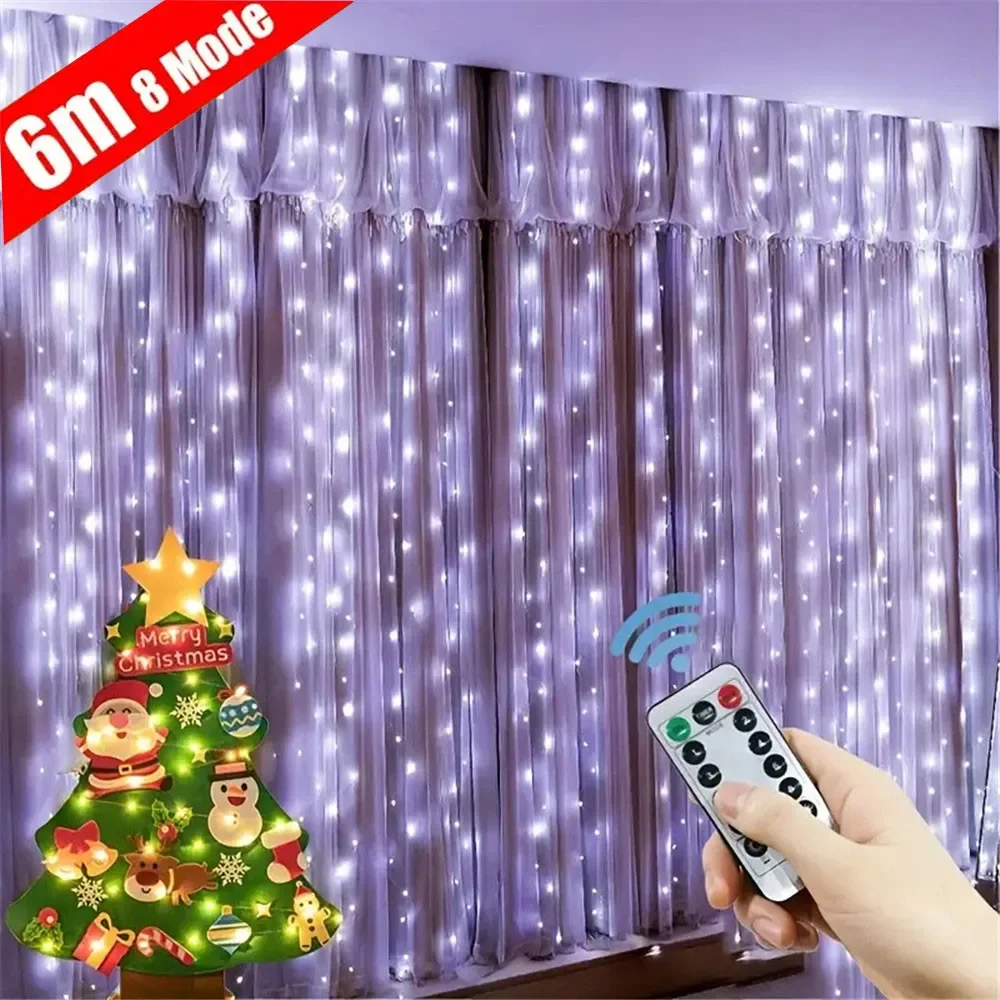 Guirnalda de luces de cortina de 3M × 6/3/2/1M, alimentación USB con Control remoto, guirnaldas de luces LED, colgante de árbol de Navidad, decoraciones para el hogar y el dormitorio