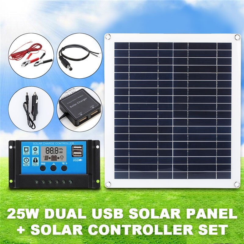 25W 12V Dubbele USB Zonnepaneel Systeem Regulator PWM Opladen Multifunctionele DIY Voeding DC kabel Zonnecel lader outdoor