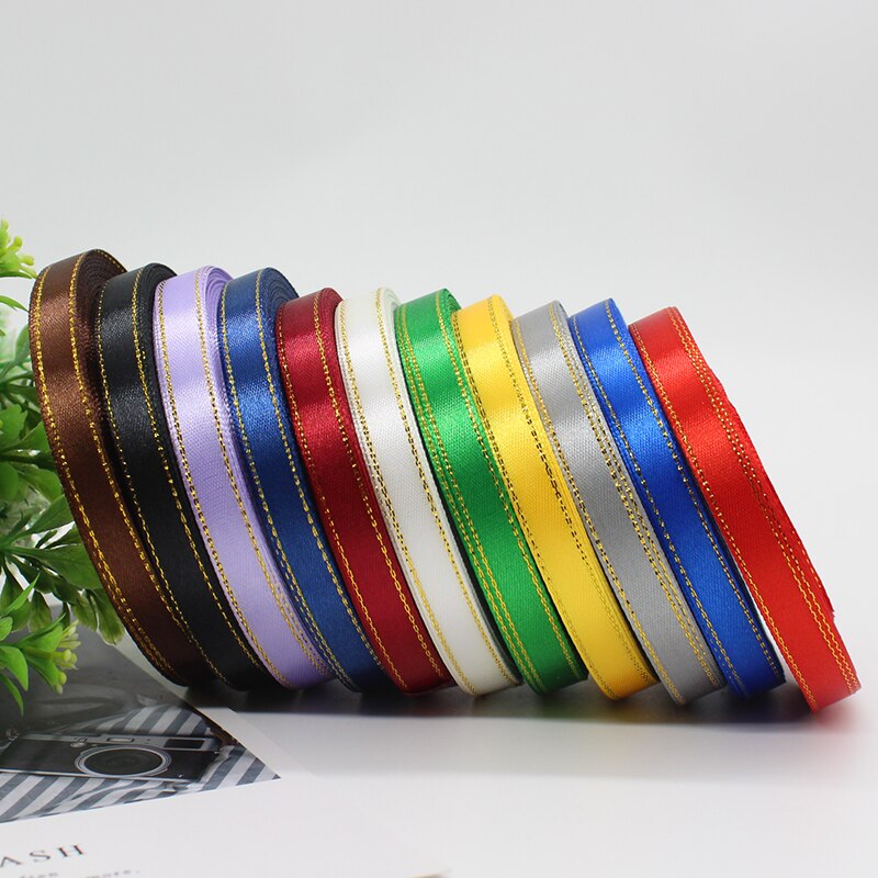 3/8" 10mm 25yards Gold Edges Satin Ribbon Wedding Happy Birthday Box Packaging Decorations DIY Craft Bow