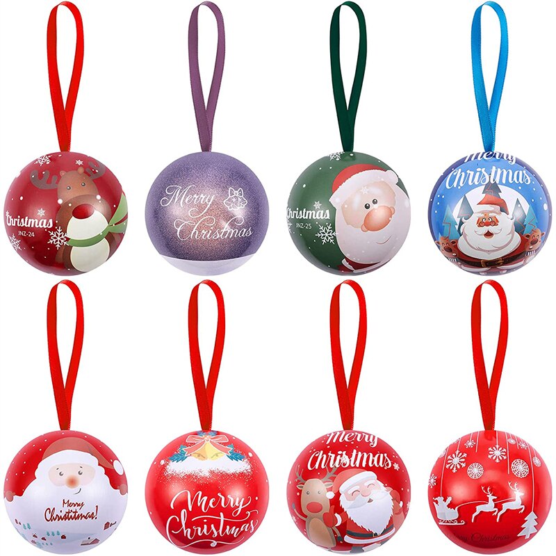 1Pcs Kerst Snoep Box Kerstboom Opknoping Bal Ornament Hanger Ronde Bal Bonbondoos Xmas Snoep Verpakking Blikken Doos navidad