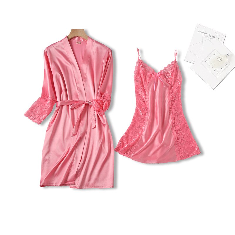 Spring Summer Ice Silk 2PCS Robe Suit Ladies Sweet Lace Bow Nightwear Sexy V-Neck Mini Nightgown Intimate Sleepwear Home Dress