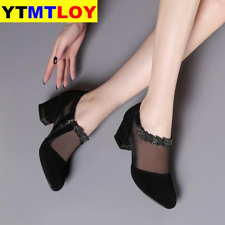 Summer Women High Heel Shoes Mesh Breathable Pumps Zip Pointed Toe Thick Heels Female Dress Shoes Footwear