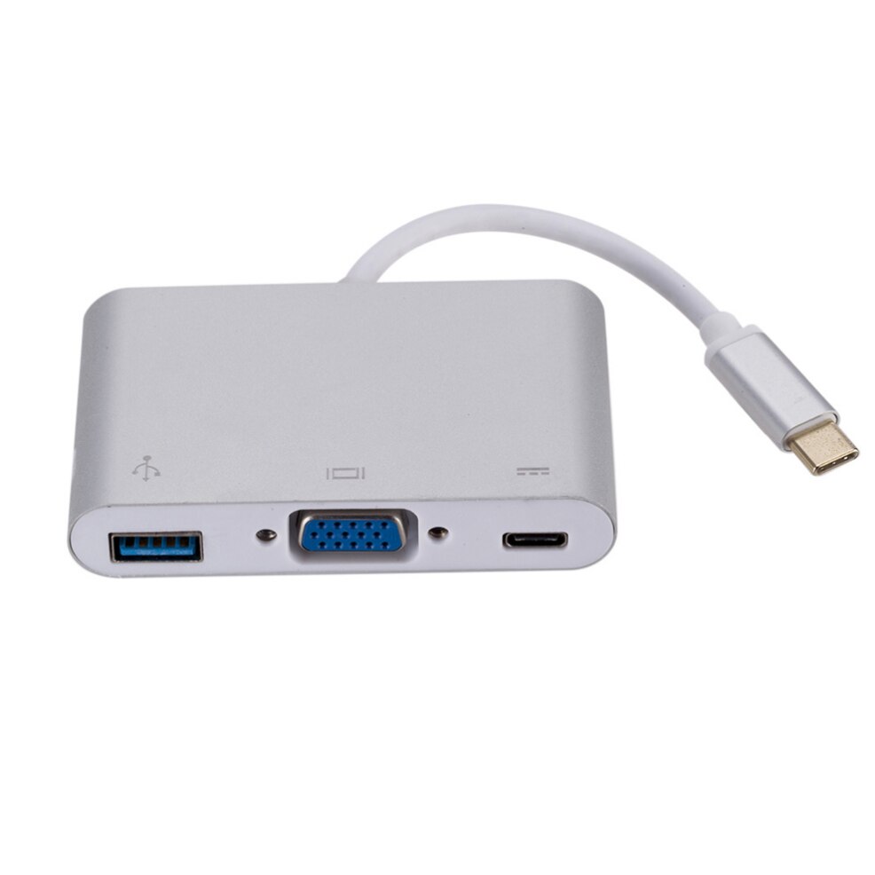 Adaptador multipuerto USB tipo C a VGA USB 3,0, convertidor de vídeo, Cable a VGA, Hub DE DATOS, puerto de carga PD, 3 en 1: Silver