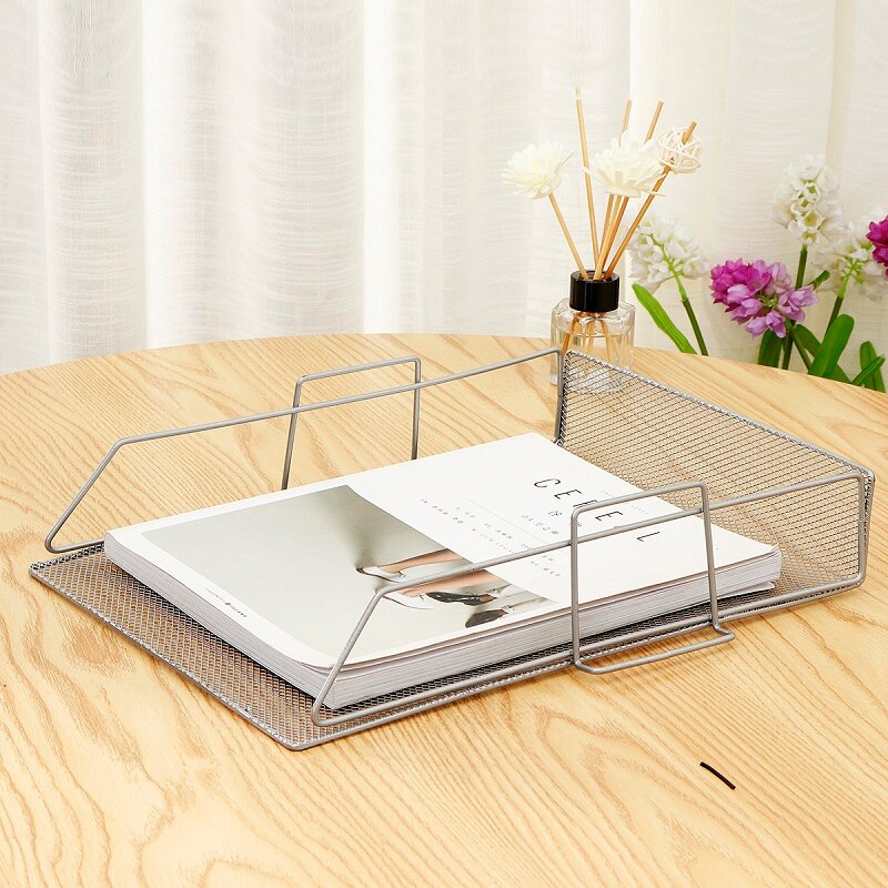 Stackable Iron Mesh A4 Paper Organizer Document File Storage Basket Holder Desktop Office Book Magazine Newspaper Storage Tray: White