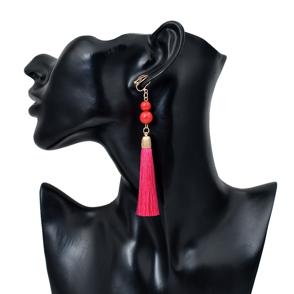 Non Pierced Cotton Silk Tassel Earrings Ear Cuff Earring Bohemia Long Ear Clip Earing Indian Ethnic Jewelry joyas: rose red earing