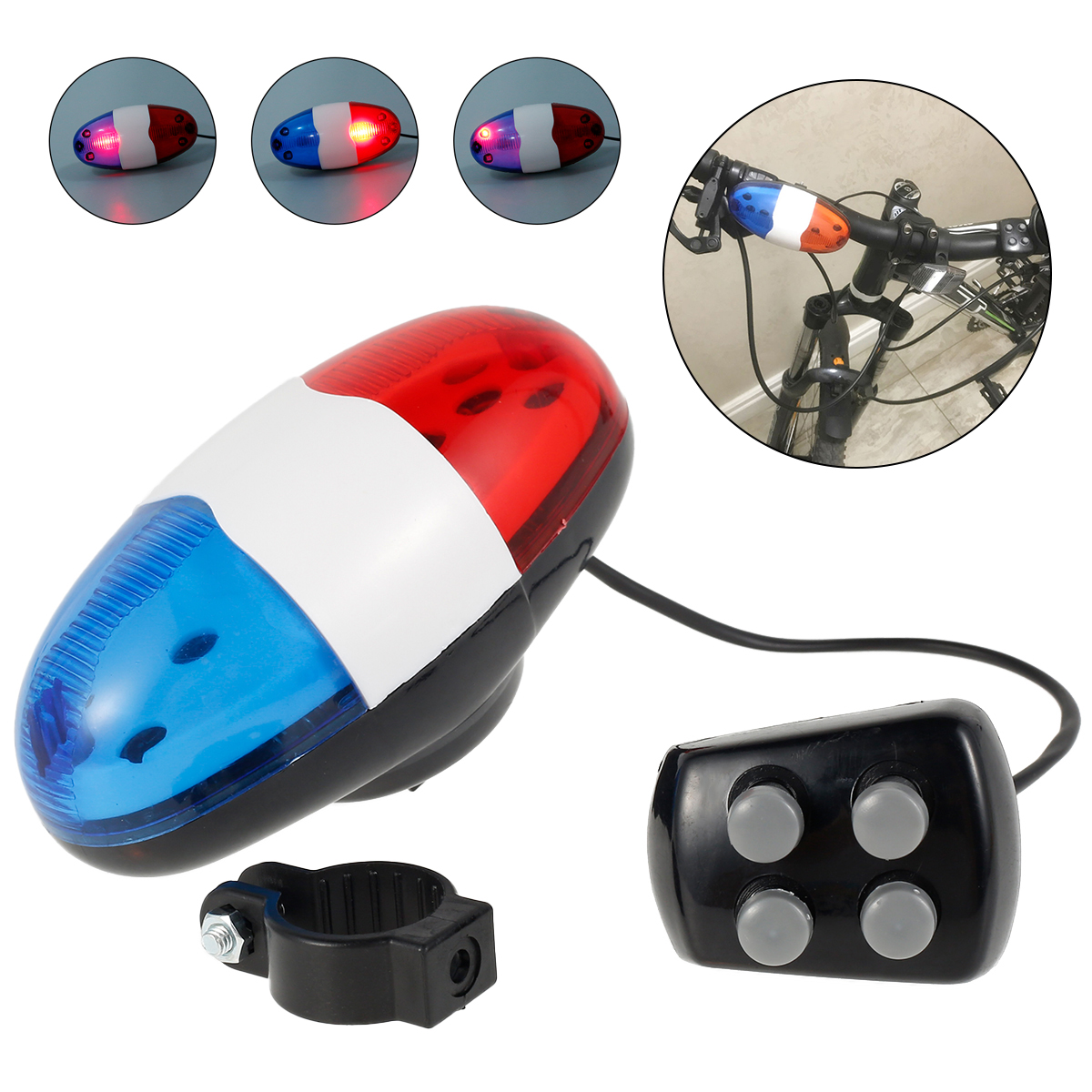 Fahrrad-Polizei-Sirene, 4 Sounds Melody, Fahrrad-Krafthupe, Sirene, Glocke, 6 LEDs, Stroboskop, blaues und rotes Fahrrad-Sicherheitslicht für Kinderfahrräder