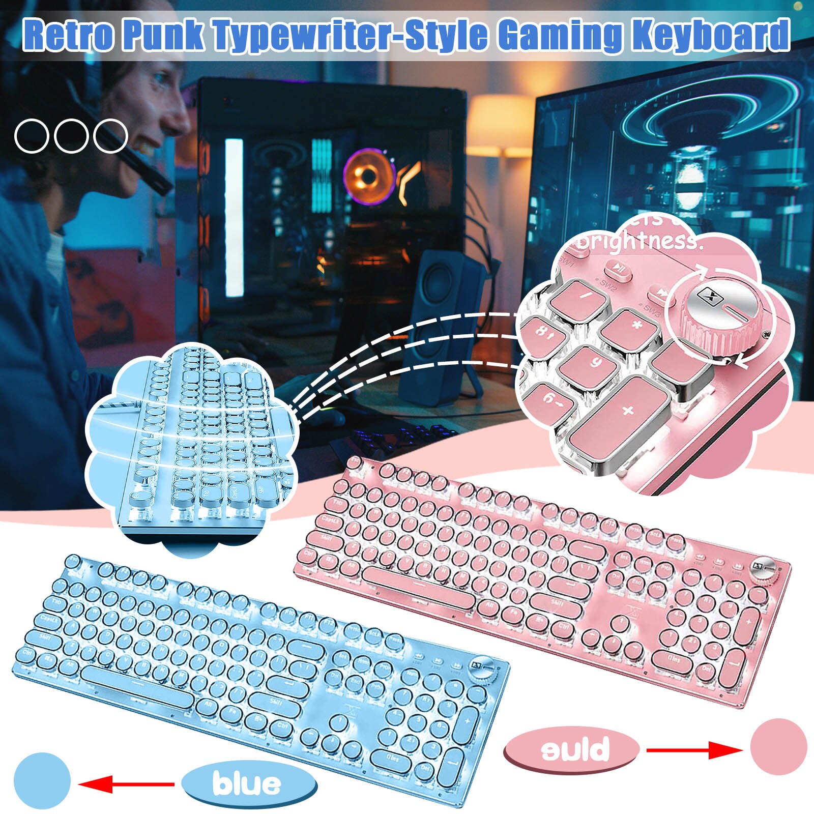 K901 Gaming Keyboard Retro Punk Typewriter-style Usb Wired Stylish 104 Key Pink Blue Mechanical Keyboard For Laptop Desktop