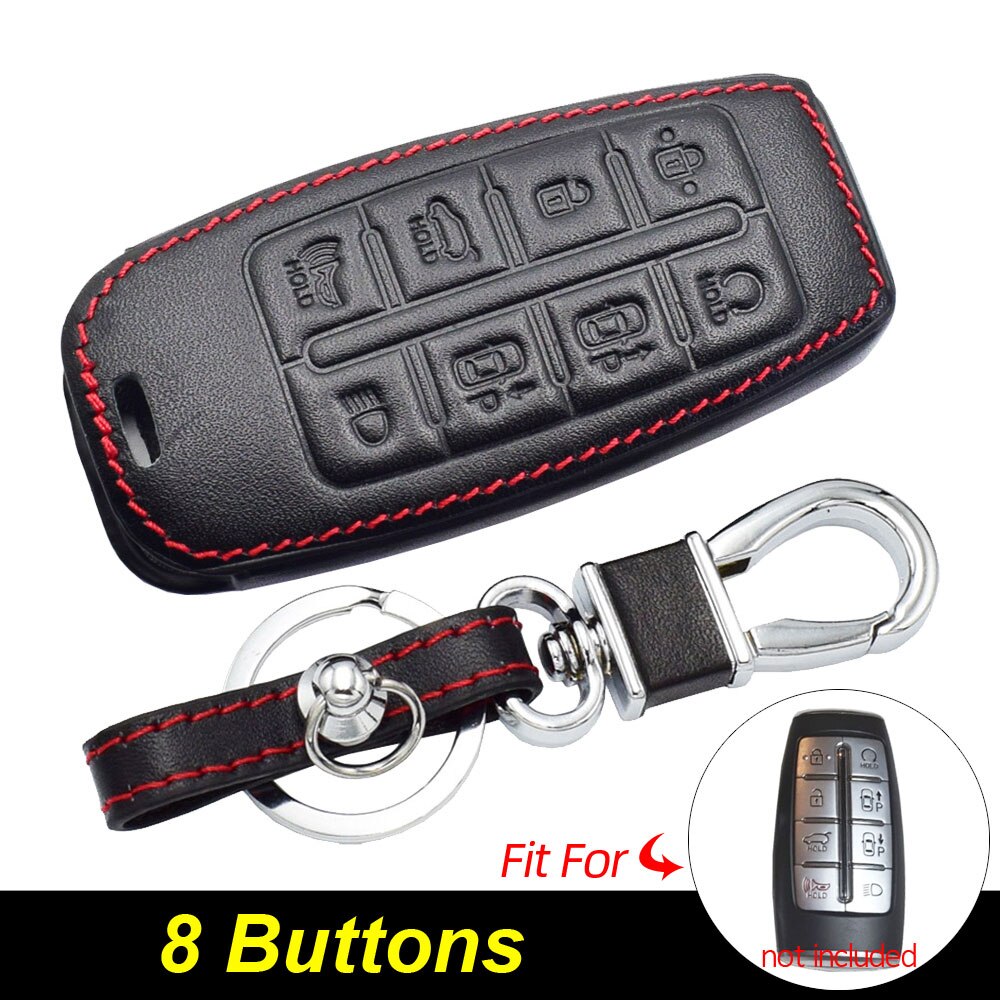 Leather Car Key Case For Hyundai Genesis GV80 G80 Smart Keyless Remote Control Protector Cover Keychain Holder Korea: 8 Buttons