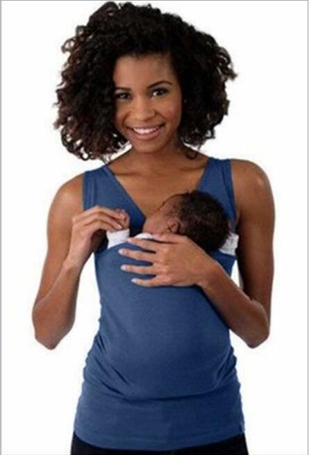 Maman Babysitting T-shirt sans manches solide parentale porte-bébé mère kangourou T-shirt femmes pour l'été: Bleu / S