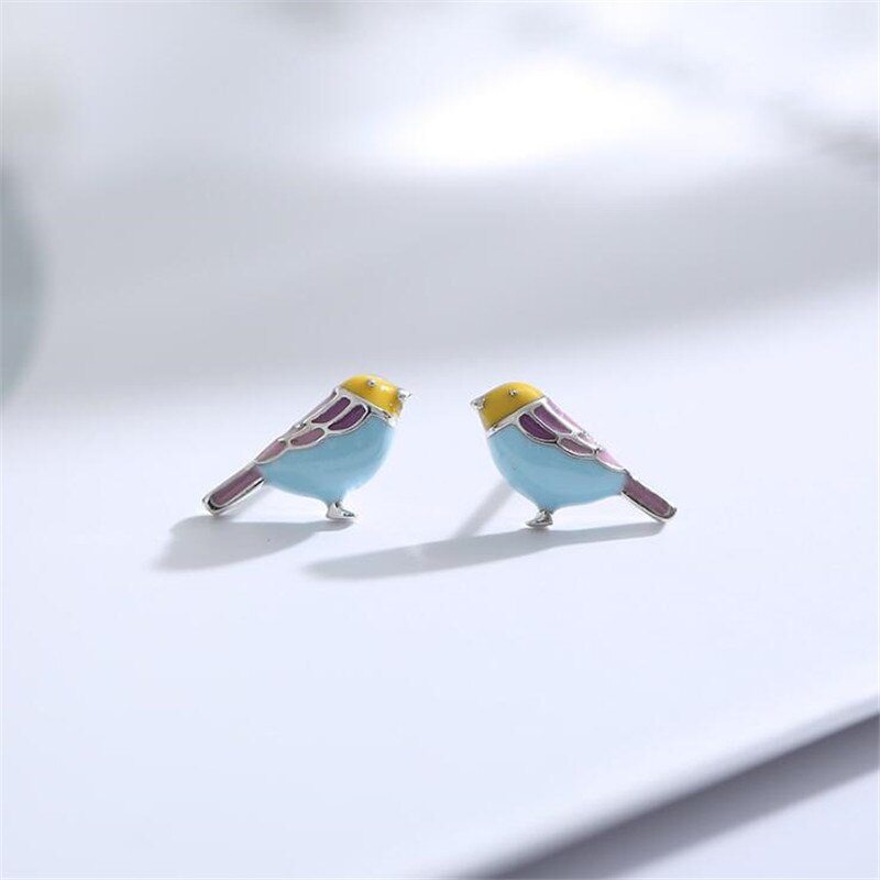 Colorful Epoxy Compact Bird 925 Sterling Silver Jewelry Temperament Cute Animal Exquisite Stud Earrings SE83