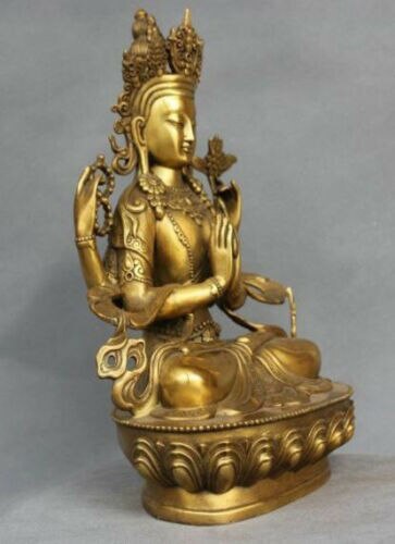 Old Rare Four-armed Avalokitesvara Tibet Bronze Kwan-yin Buddha lucky Statue