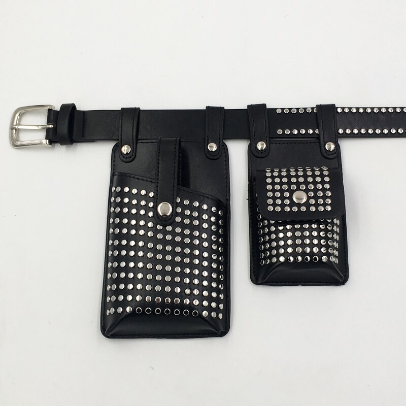 2 Stuks Klinknagels Punk Vrouwen Heuptas Hip Hop Crossbody Functionele Borst Bag Vrouwelijke Mode Heuptasje Riem Telefoon tas Dames Portemonnee: Silver rivets