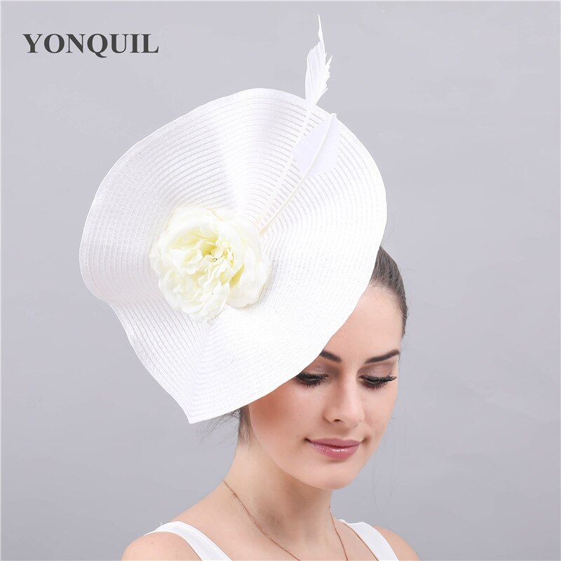Grand chapeau de mariage blanc en paille pour femmes, Imitation, couvre-chef pour mariée, fascinateur, avec fleur à la , accessoires pour cheveux