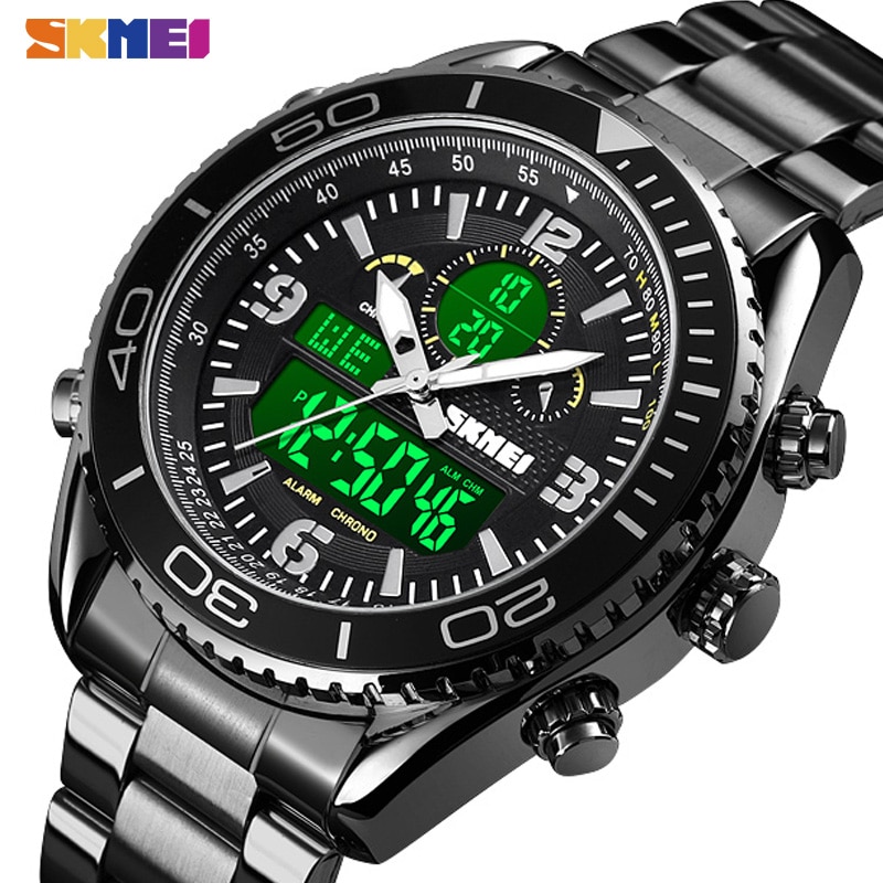 SKMEI 1600 Dual Display Watches Mens Digital Wristwatches Chrono Alarm Men Clock Waterproof Stainless Steel reloj hombre