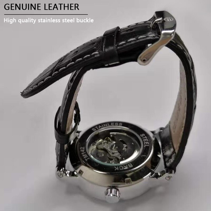 Mode Forsining Automatische Mechanische Horloge Mannen Sub Wijzerplaat Zwarte Slanke Eenvoudige Zwarte Lederen Band Horloge Montre Homme