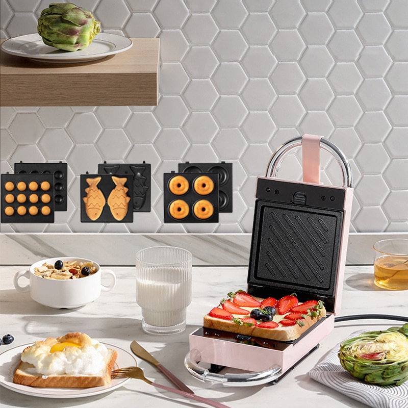 220V Sandwichera eléctrica de tiempo Waffle Maker Multi-baker tostadora hornear máquina de desayuno takoyaki Sandwichera