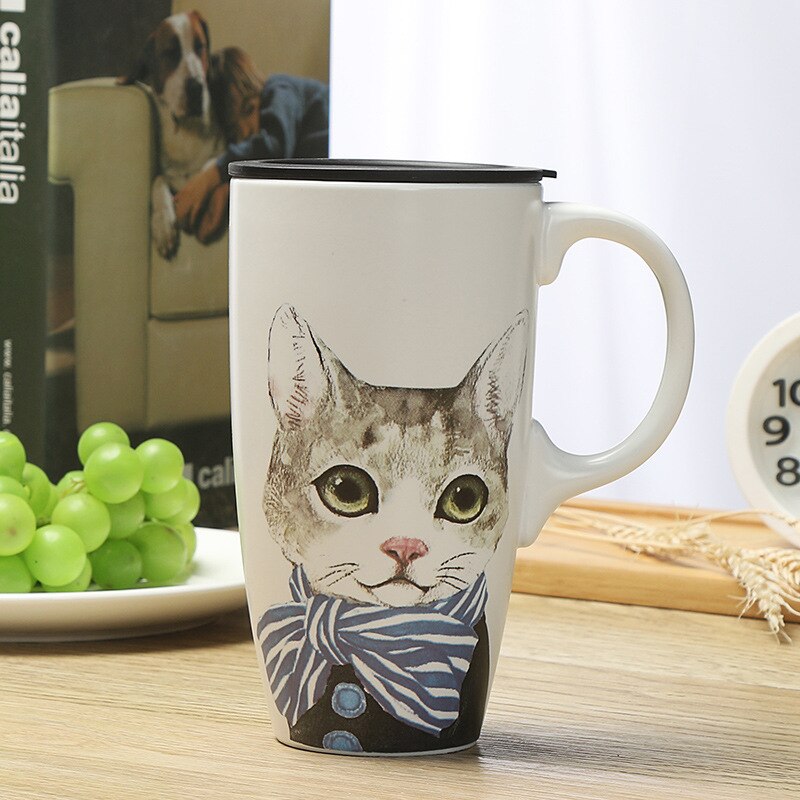 Taza para agua de cerámica con tapa para gatos, taza para café o leche de gran capacidad, creativa, clásica, a la , 500ml: simple cat-500ml