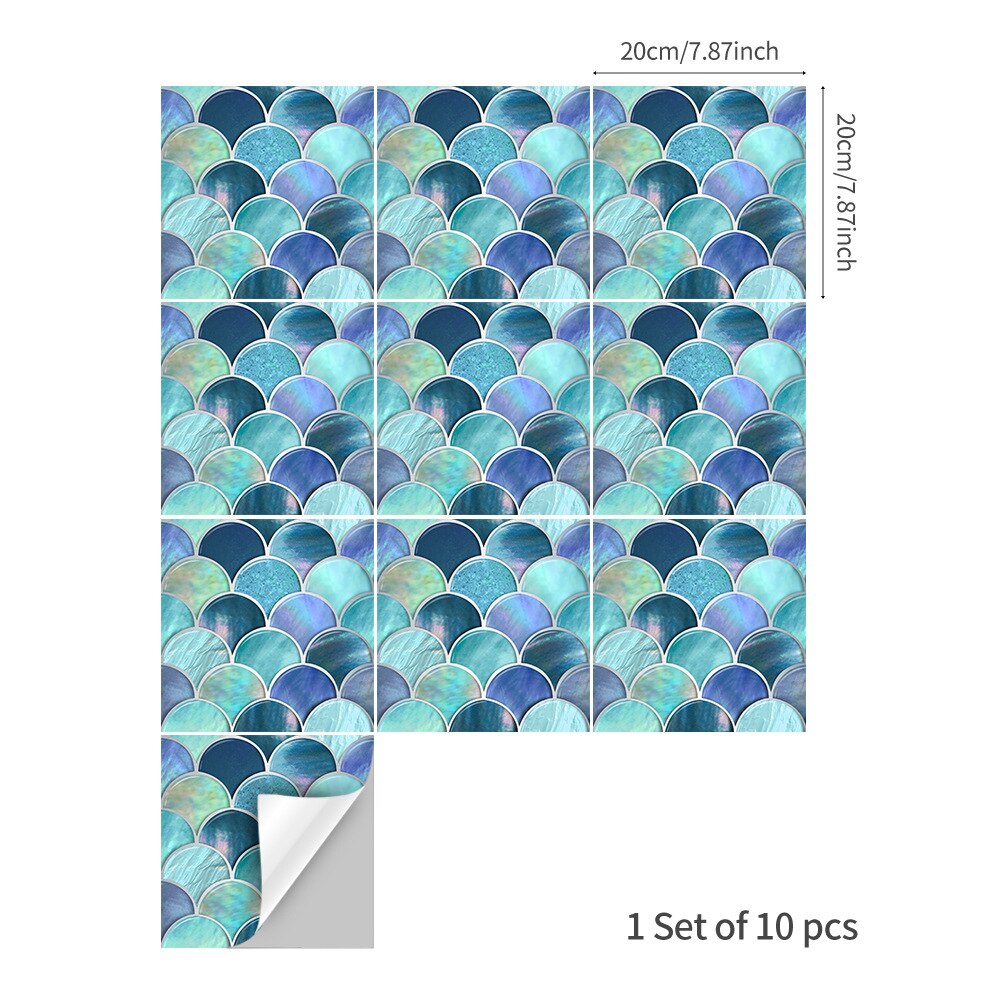10Pcs 15/20cm Shell Fish Scale PVC Waterproof Self Adhesive Tile Stickers Bathroom Transfers - Marble & Pearl Effect: 20x20cm