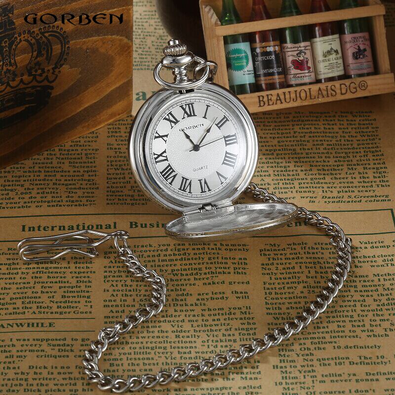 Retro Gobren Romeinse Cijfers Verzilverd Carving Zakhorloge Mode Klassieke Heren Analoge Quartz Horloge Fob Ketting Met Doos