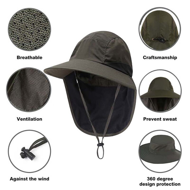 Flap Cap Wide Brim Lightweight Portable UV Protection Water Resistant Neck Cover Sun Hats With Strap MK MK