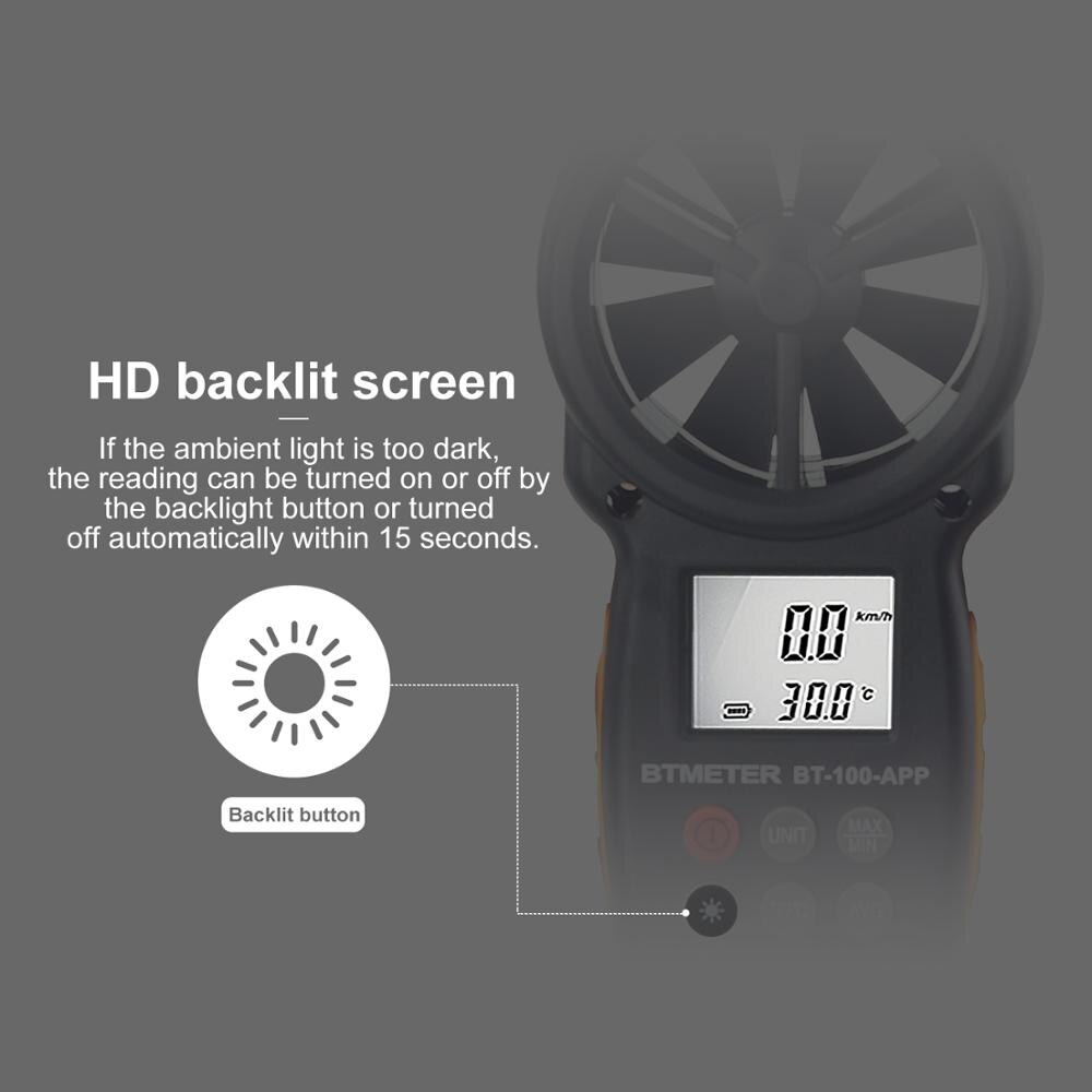 Btmeter digital vindhastighetsmätare vindmätare med mobilapp vindmätare för vindavkylning, hastighet, temperatur, luftfuktighet