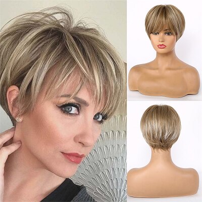 Jonrenau 8 tommer syntetisk kort lige paryk lys blonde brune parykker med pandehår pixie cut parykker til hvide sorte kvinder: Ss166-5