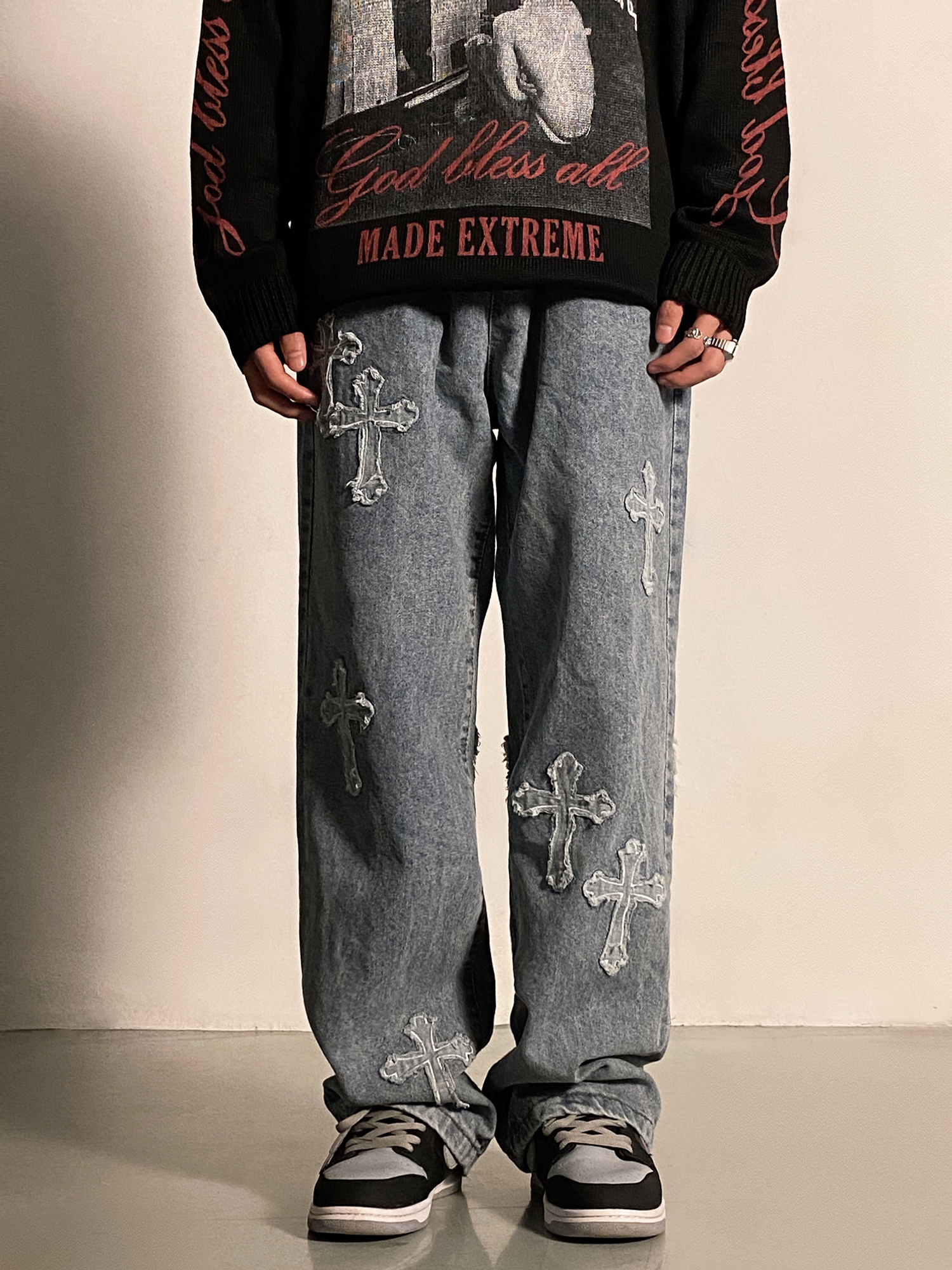 Men Wide-leg Pants Loose Lightning Print Tie Dye Denim Jeans Hip-hop Streetwear Rock Punk Casual Jeans Trousers