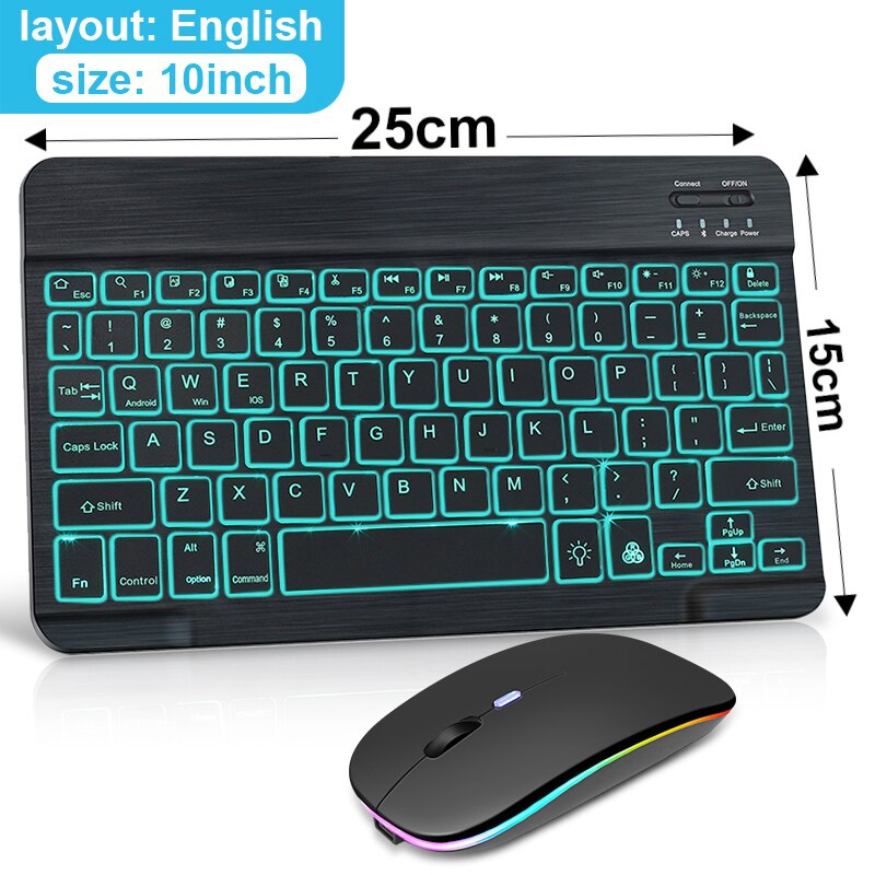 LED bezprzewodowa klawiatura Bluetooth klawiatura i mysz RGB hiszpański Mini podświetlenie rosyjska klawiatura do telefonu Tablet ipad pro 11: English Combo