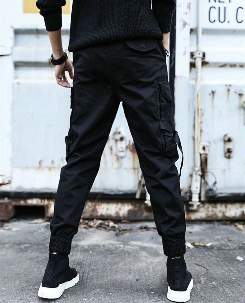 Pantalones informales con cintas para hombre, pantalón negro ajustado, para correr, con bolsillos laterales, de algodón, ropa para hombre, vaqueros, disfraces