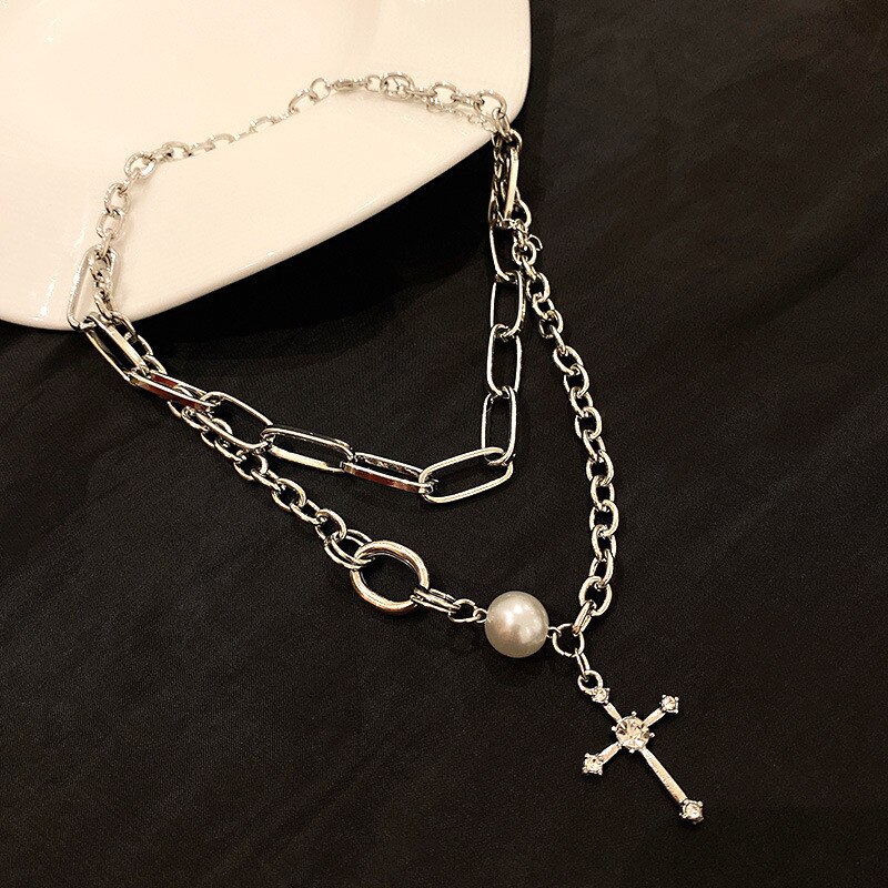 FYUAN Korean Style Double Chain Choker Necklaces for Women Cross Pendant Necklaces Statement Jewelry