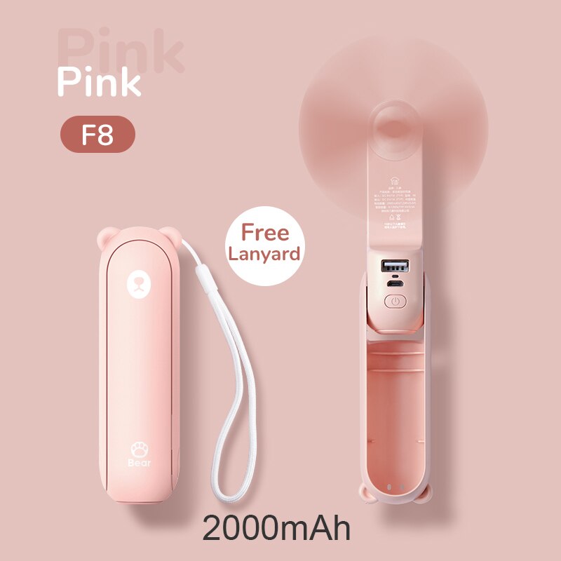 JISULIFE Portable Fold Fan PowerBank 4800mAh Charging Usb Fan Mini Fan Ventilador Air Condition with Ultra Bright Led Flashlight: Pink 2000mAh