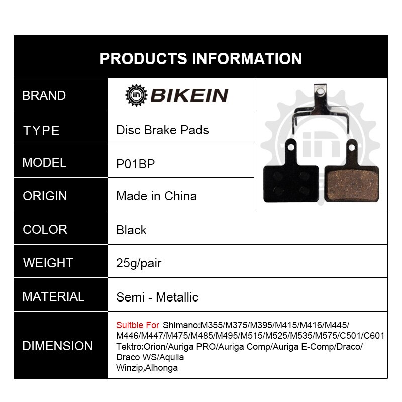 BIKEIN 4 Pairs Bicycle Resin Disc Brake Pads For Shimano M375 M395 M416 M445 M446 M485 M486 M515 M525 Auriga Pro