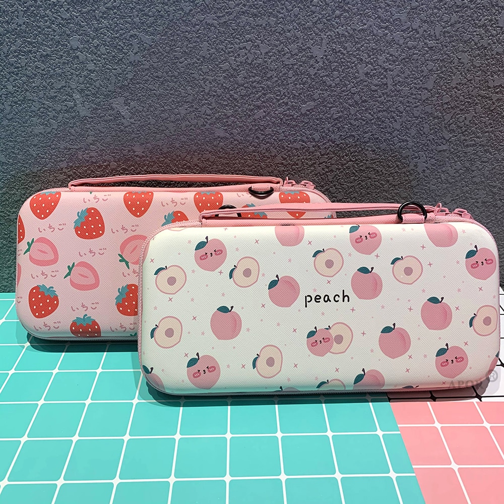 Bolsa de almacenamiento de melocotón y fresa para Nintendo Switch, bolsa portátil de viaje, funda protectora rosa, resistente al agua, carcasa dura de transporte