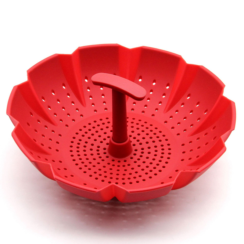 Panier de cuisson à vapeur en Silicone, résistant à la chaleur, multifonction, pour égouttoir à légumes, avec poignée centrale, pour micro-ondes: Rouge