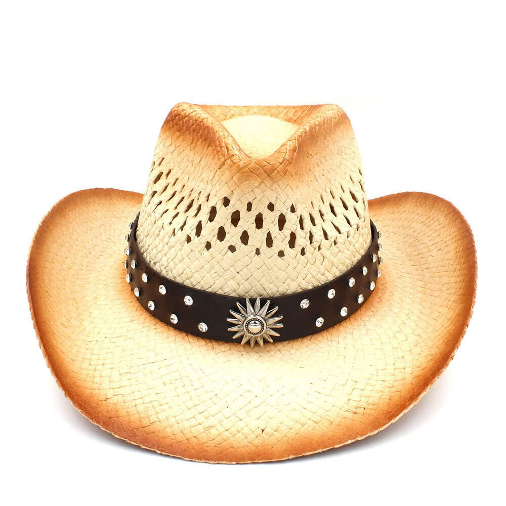 Women Men Western Cowboy Hat With Punk Bull Head Band Straw Lady Dad Beach Sun Sombrero Cap Mesh Cowgirl Jazz Hat Size 58CM: C7 CBF