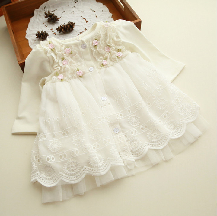 Forår og efterår 0-2 år baby tøj blomsterblonde dejlig prinsesse nyfødt baby tutu kjole spædbarn kjoler vestido infantil: Hvid / 6m