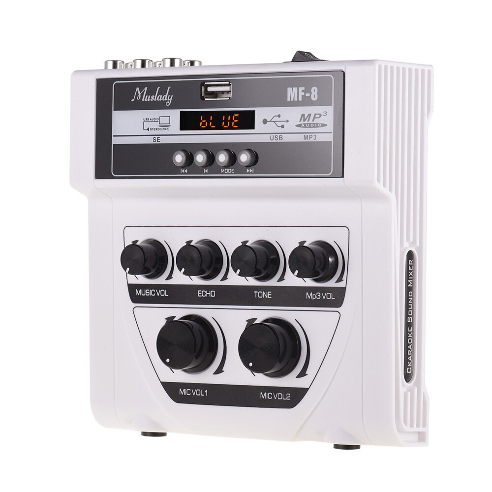 Muslady MF-8 Mini Karaoke Sound Mixer Stereo Echo Mixers Dual Microphone Inputs Support BT Recording MP3 for PC Amplifier