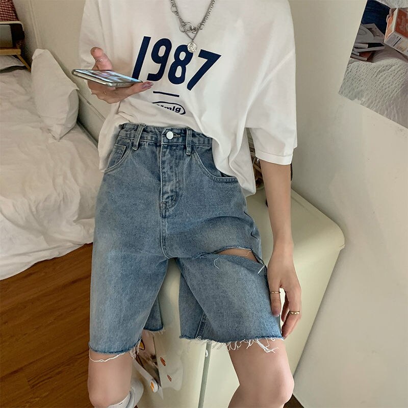 Shorts kvinder retro denim huller chic harajuku par kort bukser afslappet populær high street koreansk dametøj unisex: Xl