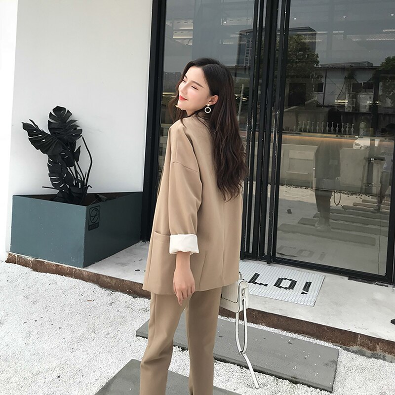 Bella philosophy rento kiinteä naisten housupuvut lovettu kaulus bleiseri takki & kynä housut khaki naisten puku syksy