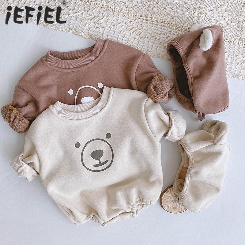Baby Jongens Meisjes Cartoon Beer Print Romper Lange Mouw Bodysuit Met Hoed Katoen Kids Baby Winter Plus Fluwelen Dikker Jumpsuits