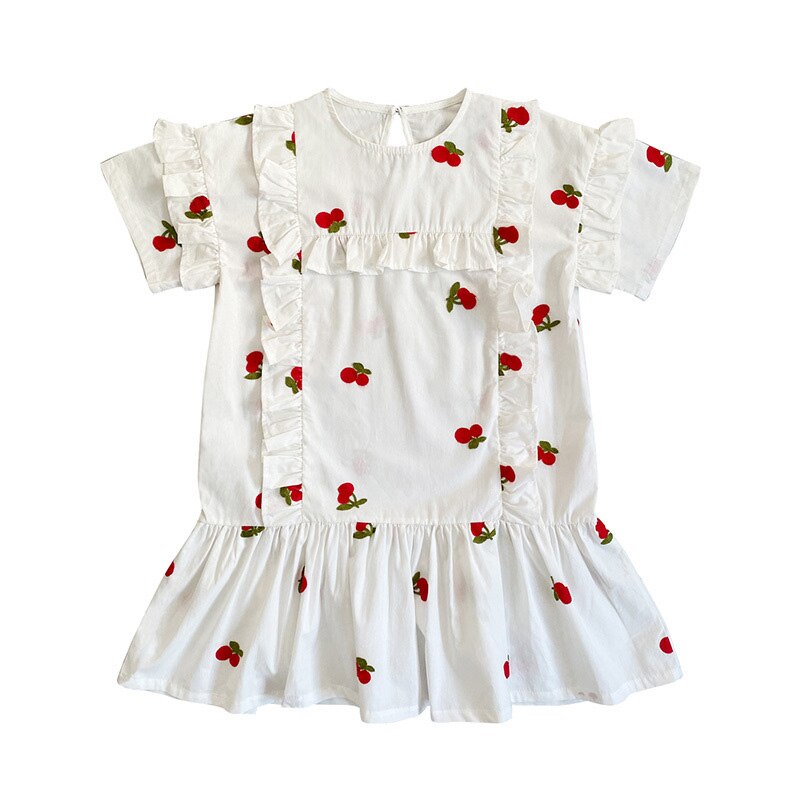 Ricamo Teen Girls Dress Cherry Patterns mezza manica increspature abito estivo in cotone abiti per bambini 6 8 10 12 14 anni