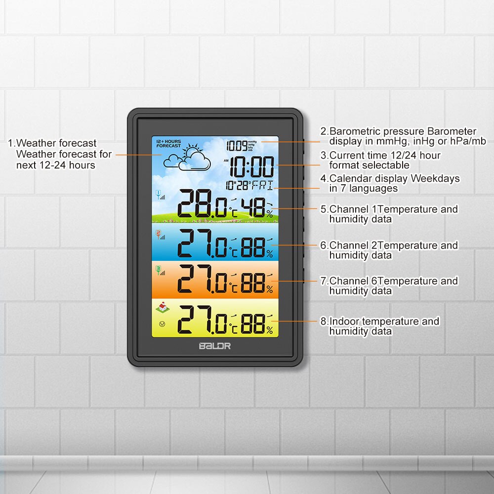 Wireless Home Weather Station Indoor Outdoor Sensor Hygrometer Thermometer Digital Moon Phase Alarm Clock Colorful Barometer