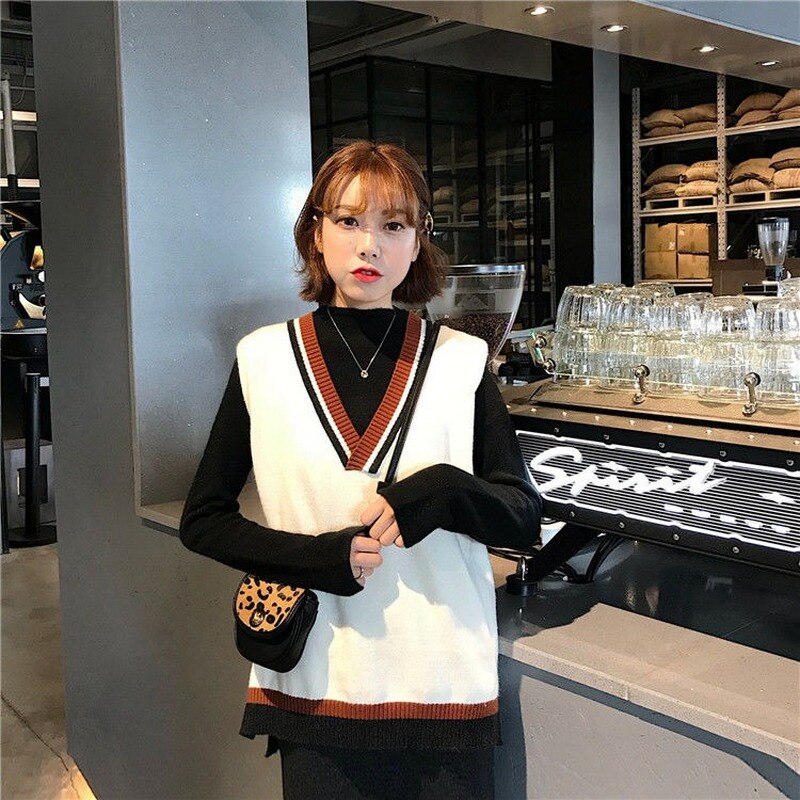 Sweter kamizelka kobiety dzianiny styl Preppy cały mecz ulica Harajuku elegancki zwykły swetry bez rękawów Femme luźne studenci stylowe