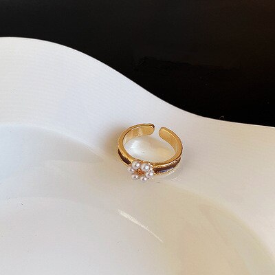 AOMU 1PC Women Vintage Drip Glaze Metal Imitation Pearl Flower Open Rings for Women Party Wedding Jewelry: 2