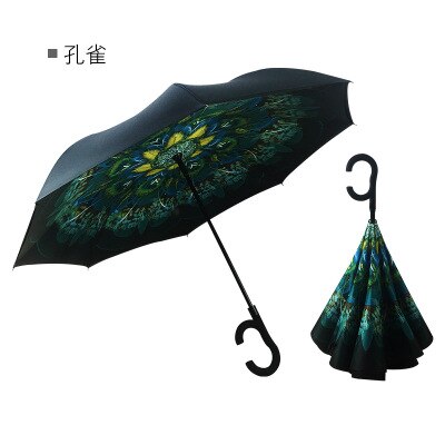 Paraguas para hombre y mujer, sombrilla con mango en C, a prueba de viento, Anti UV invertida, para sol y lluvia: peacock