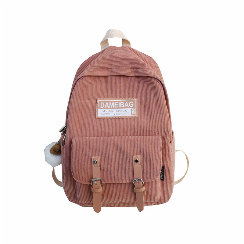 Stripe Corduroy Back Pack Women Cute School Bag Teenage Girls Backpack Harajuku Student Lady Book Bags With Pendant: dark pink