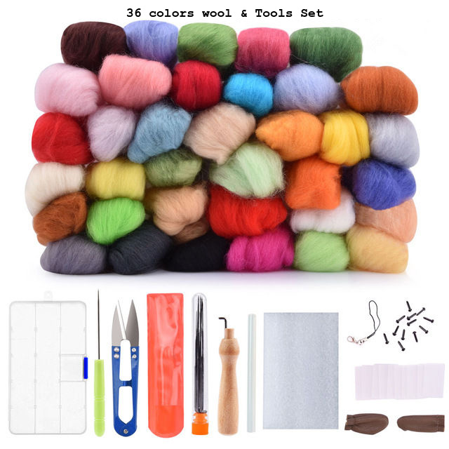 36/50 farver filt uld starter diy sæt med værktøj, tilbehør og syforme uldstrimmel: 36 stk uld og værktøj
