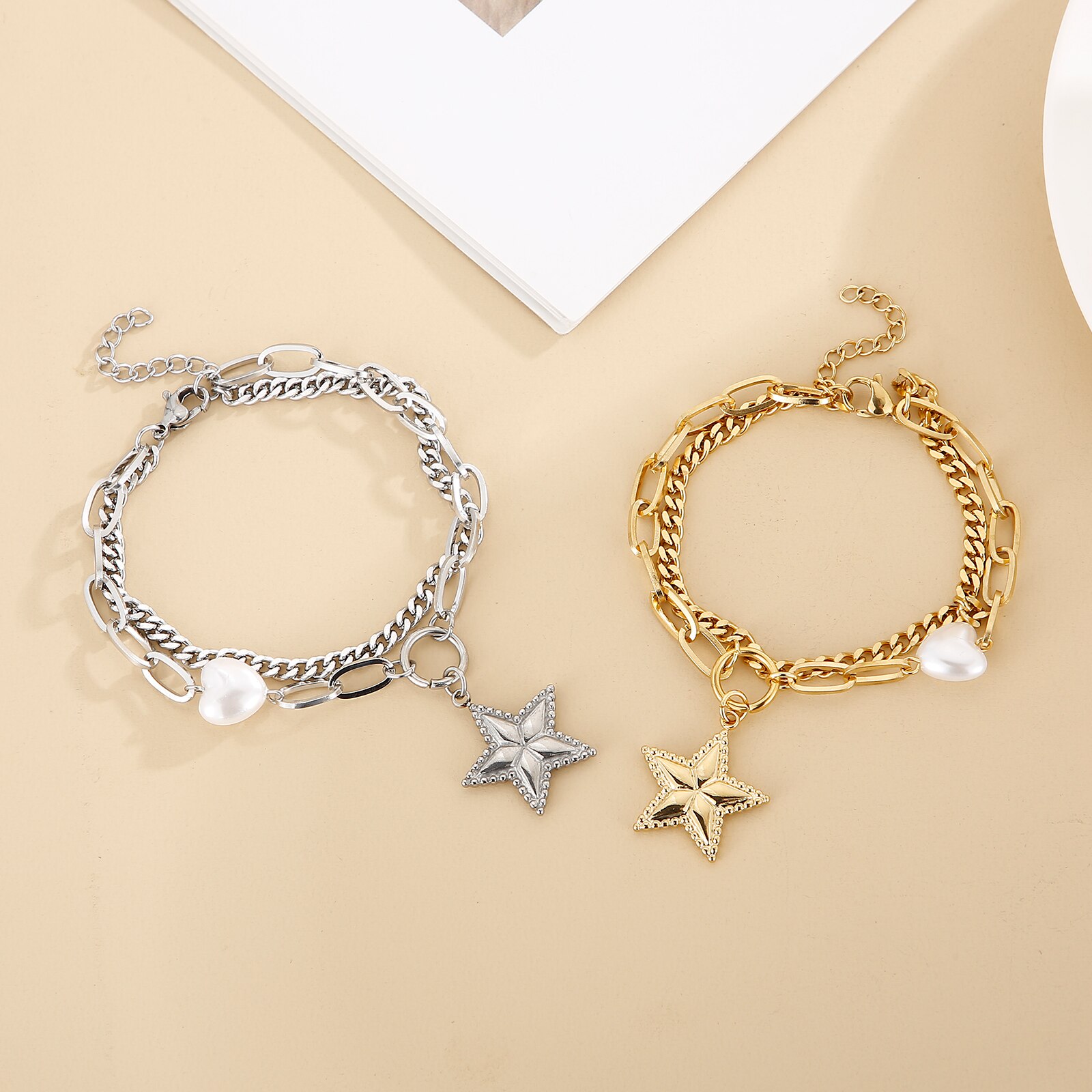Kalen Dubbele Ketting Parel Ster Meisje Bedelarmband Dubbele Laag Goud Figaro Collier Voor Vrouwen Gouden Cubaanse Ketting