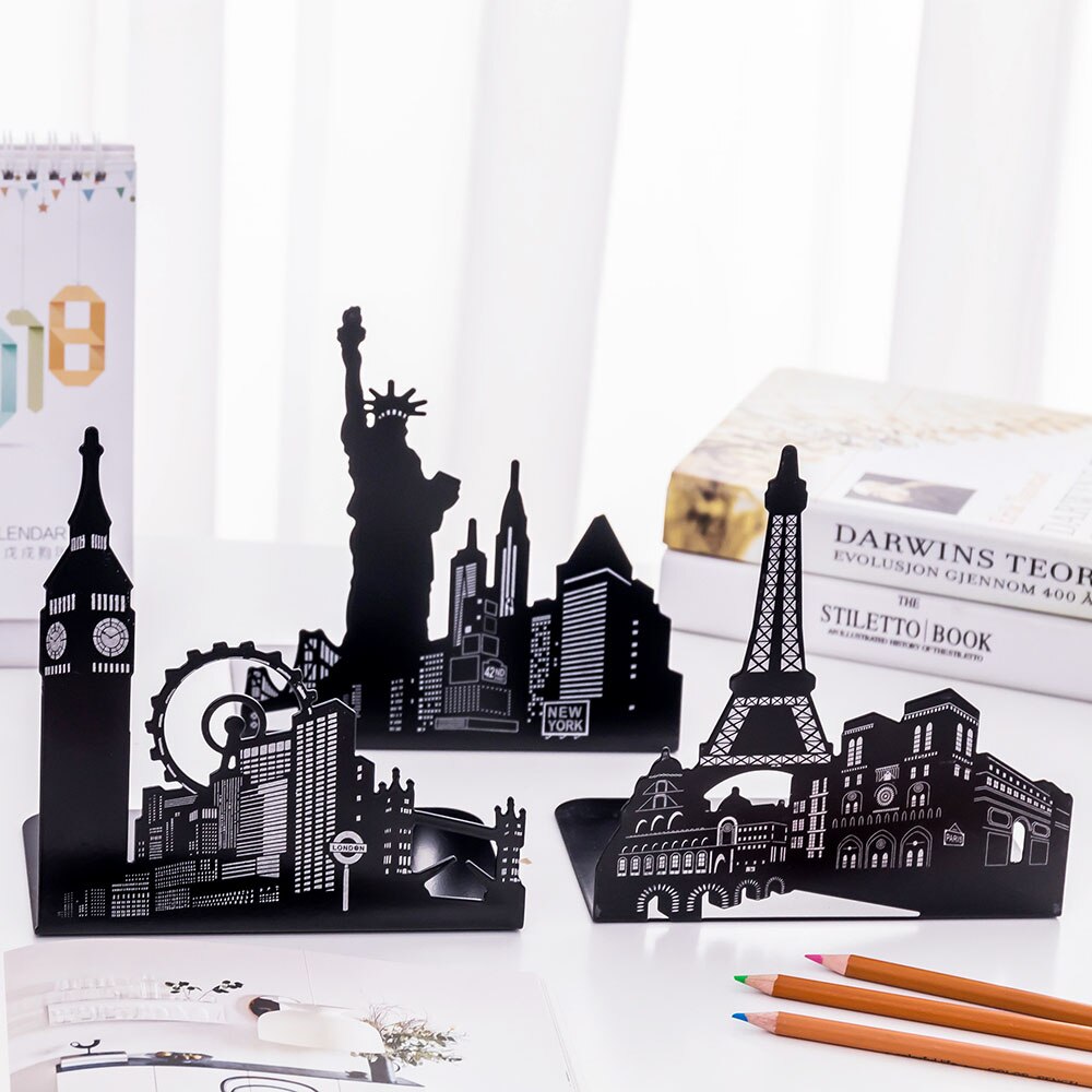 Reuzenrad/Eiffeltoren/Vrijheidsbeeld Metalen Boek Eindigt, Vintage Zwart Boekensteun als boek stand voor thuis en kantoor